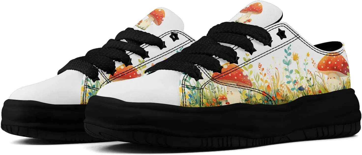 Mushroom Floral Canvas Sneakers for Women's Men's Low-Top Trendy Lace-Up Walking Casual Shoes Spring Summer Footwear