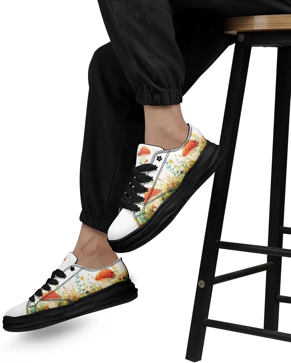 Mushroom Floral Canvas Sneakers for Women's Men's Low-Top Trendy Lace-Up Walking Casual Shoes Spring Summer Footwear