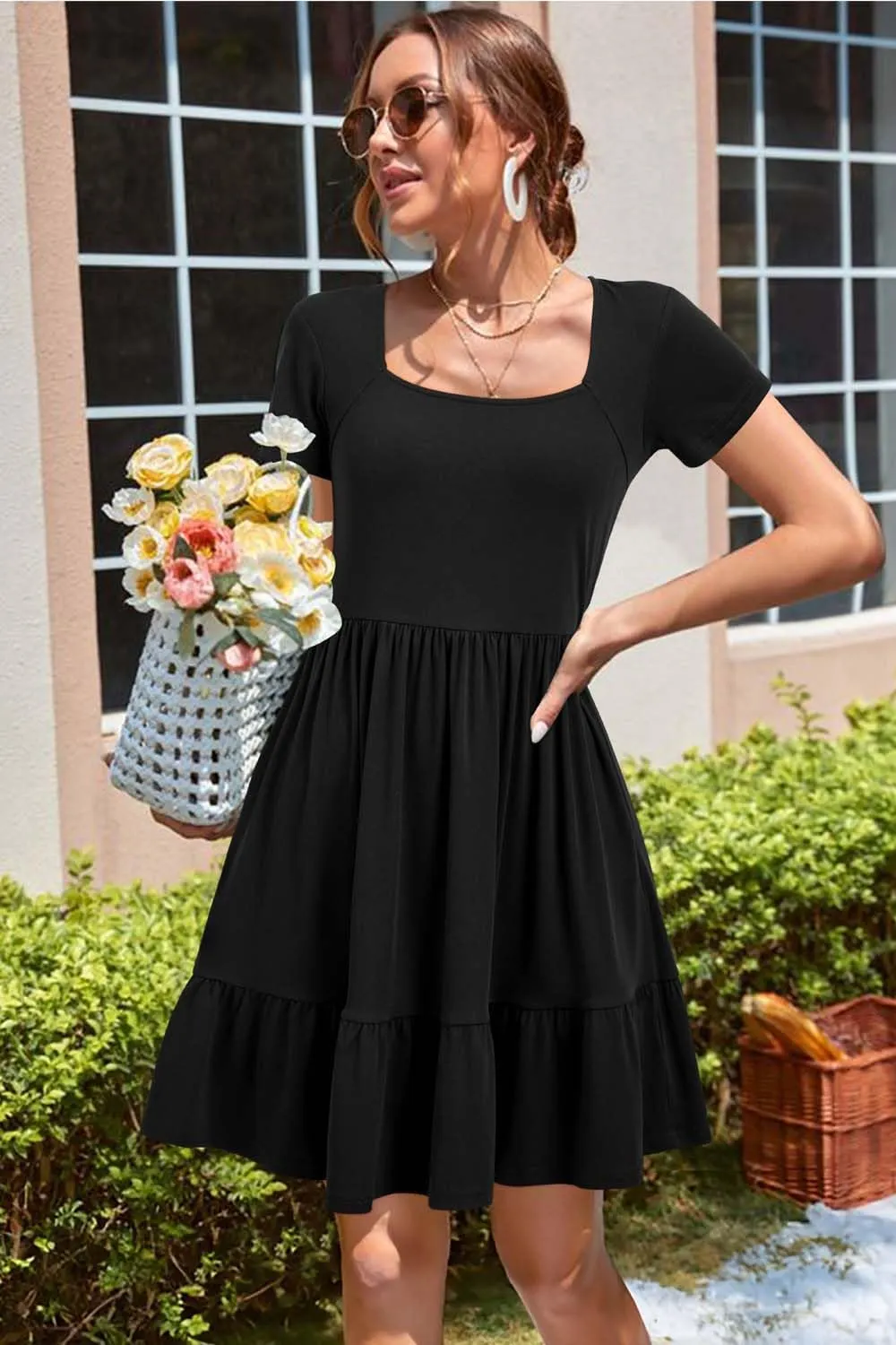 Newshows Women 2025 Summer Dress Square Neck Formal Short Sleeve Business Casual Outfits Ruffle Spring Pockets Sundress
