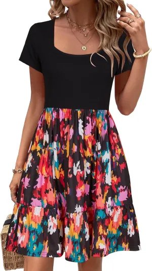 Newshows Women 2025 Summer Dress Square Neck Formal Short Sleeve Business Casual Outfits Ruffle Spring Pockets Sundress