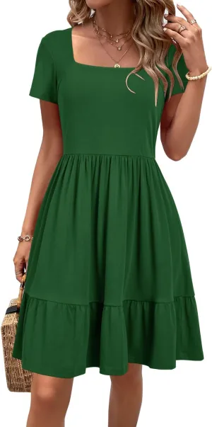 Newshows Women 2025 Summer Dress Square Neck Formal Short Sleeve Business Casual Outfits Ruffle Spring Pockets Sundress