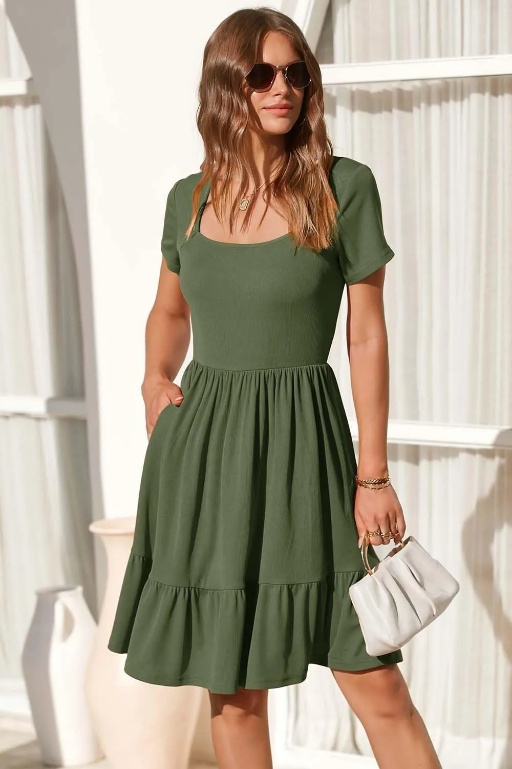 Newshows Women 2025 Summer Dress Square Neck Formal Short Sleeve Business Casual Outfits Ruffle Spring Pockets Sundress