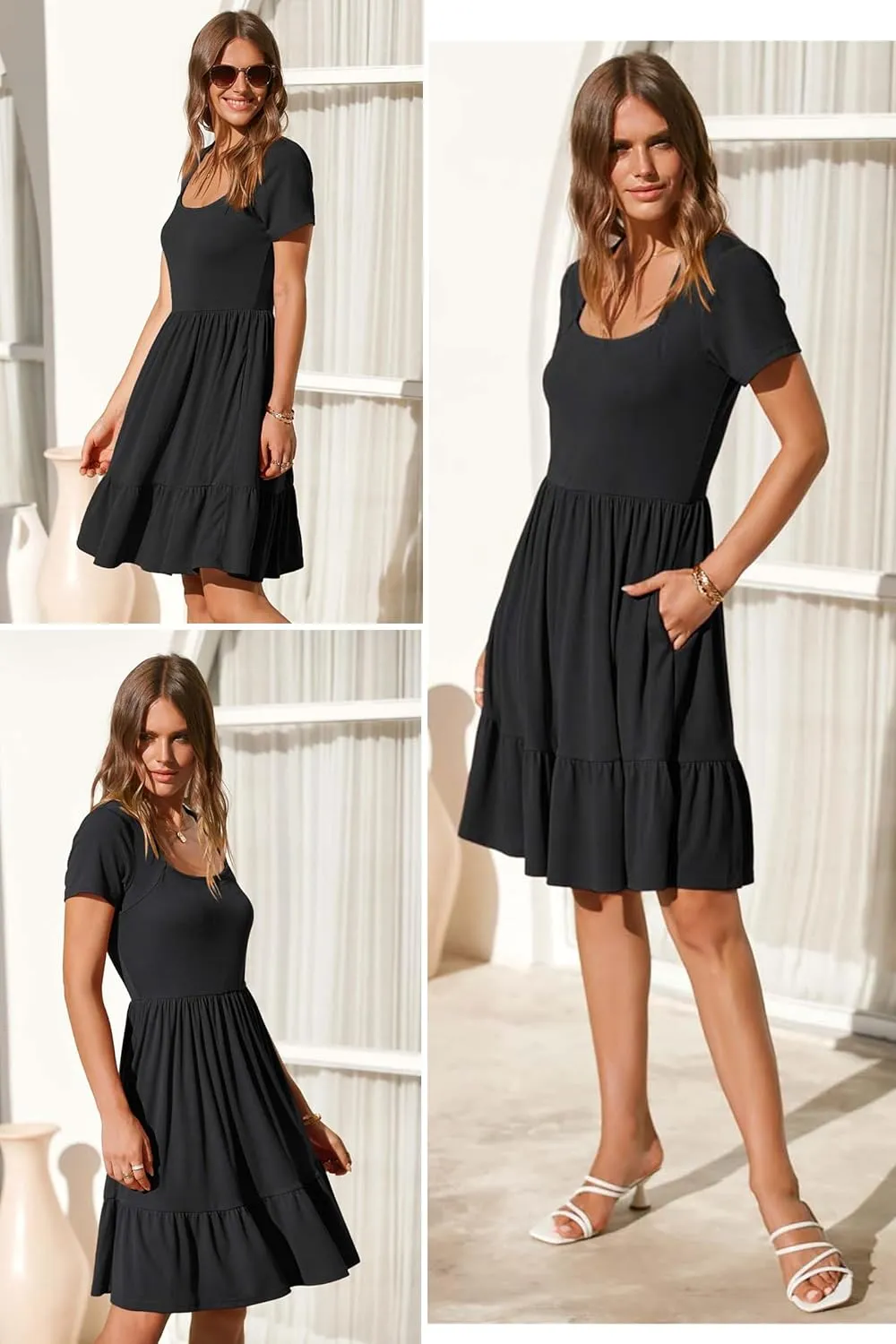 Newshows Women 2025 Summer Dress Square Neck Formal Short Sleeve Business Casual Outfits Ruffle Spring Pockets Sundress