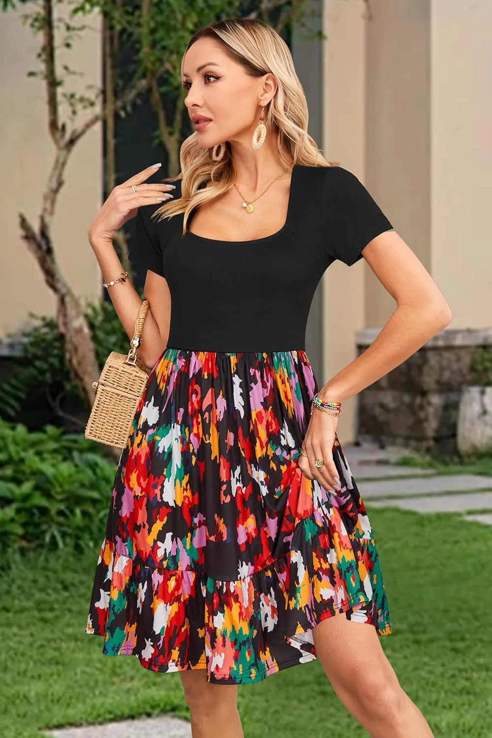 Newshows Women 2025 Summer Dress Square Neck Formal Short Sleeve Business Casual Outfits Ruffle Spring Pockets Sundress