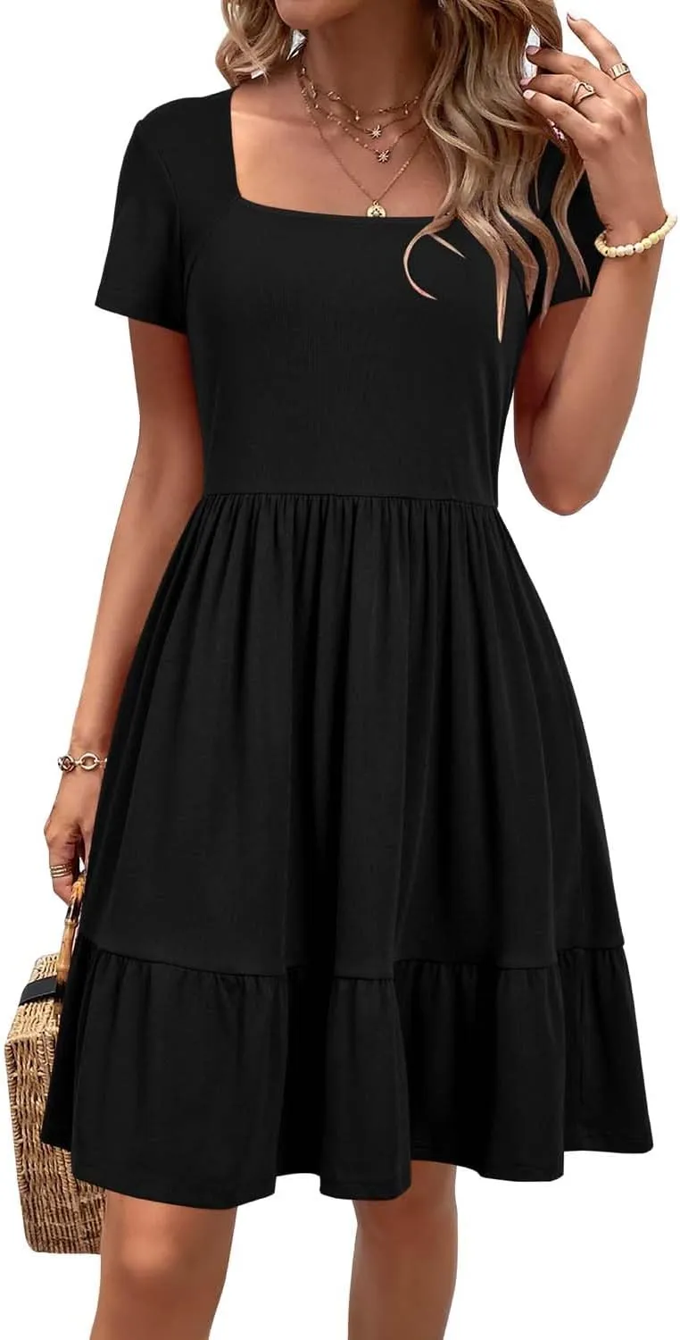 Newshows Women 2025 Summer Dress Square Neck Formal Short Sleeve Business Casual Outfits Ruffle Spring Pockets Sundress