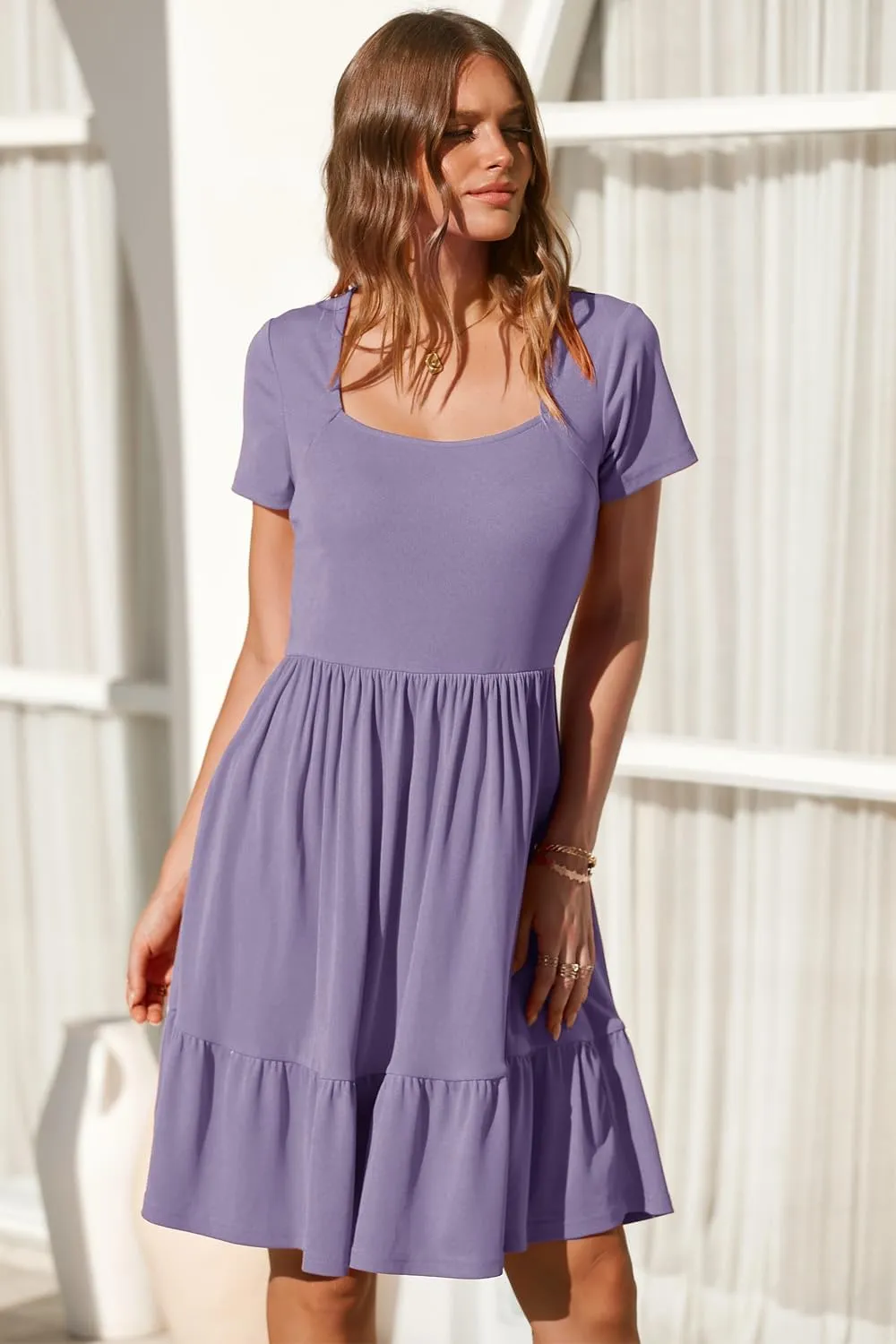 Newshows Women 2025 Summer Dress Square Neck Formal Short Sleeve Business Casual Outfits Ruffle Spring Pockets Sundress