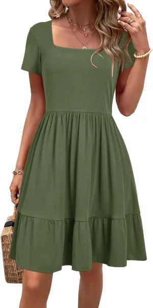 Newshows Women 2025 Summer Dress Square Neck Formal Short Sleeve Business Casual Outfits Ruffle Spring Pockets Sundress