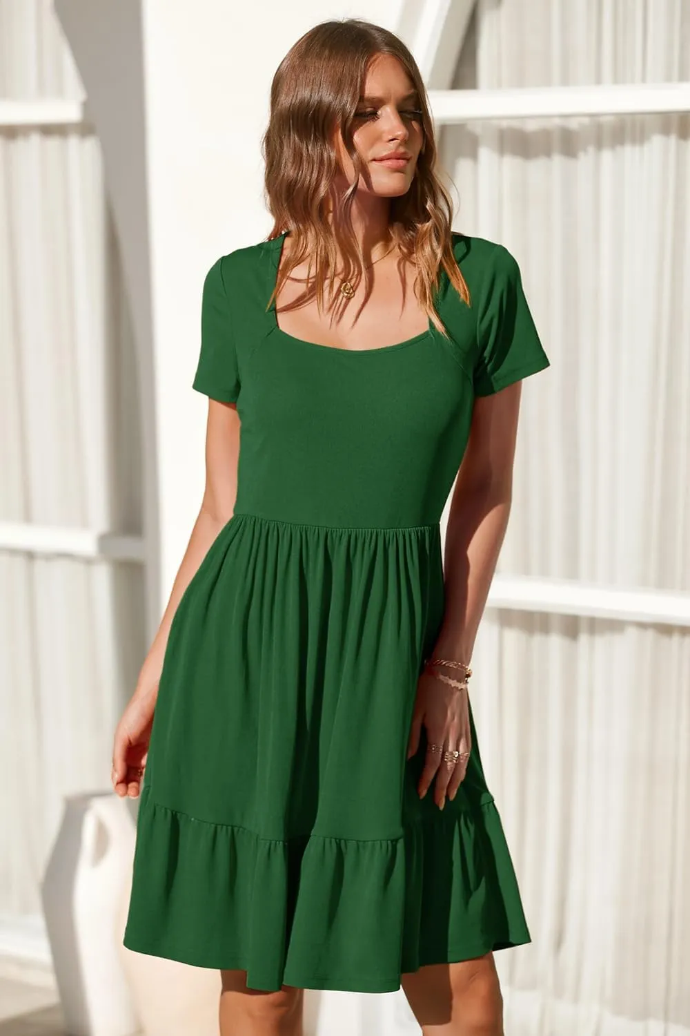 Newshows Women 2025 Summer Dress Square Neck Formal Short Sleeve Business Casual Outfits Ruffle Spring Pockets Sundress