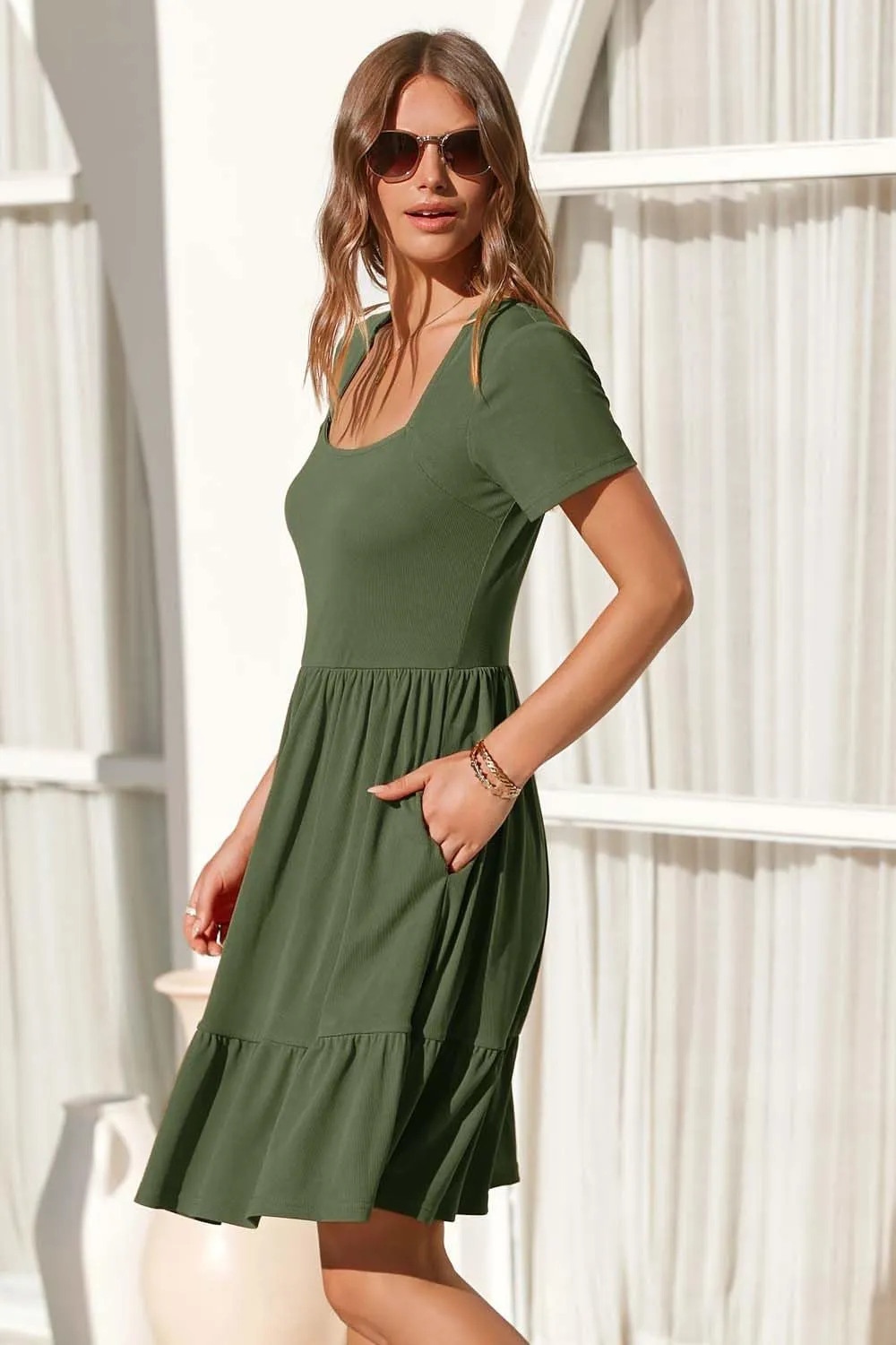 Newshows Women 2025 Summer Dress Square Neck Formal Short Sleeve Business Casual Outfits Ruffle Spring Pockets Sundress