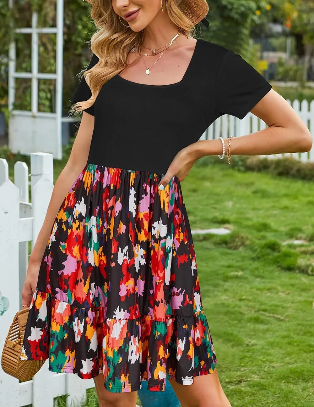 Newshows Women 2025 Summer Dress Square Neck Formal Short Sleeve Business Casual Outfits Ruffle Spring Pockets Sundress