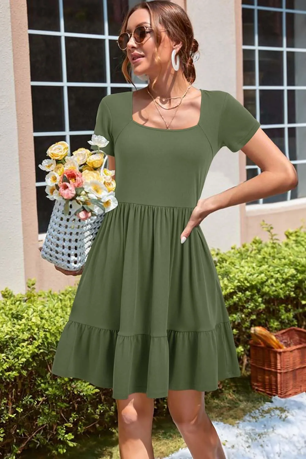Newshows Women 2025 Summer Dress Square Neck Formal Short Sleeve Business Casual Outfits Ruffle Spring Pockets Sundress
