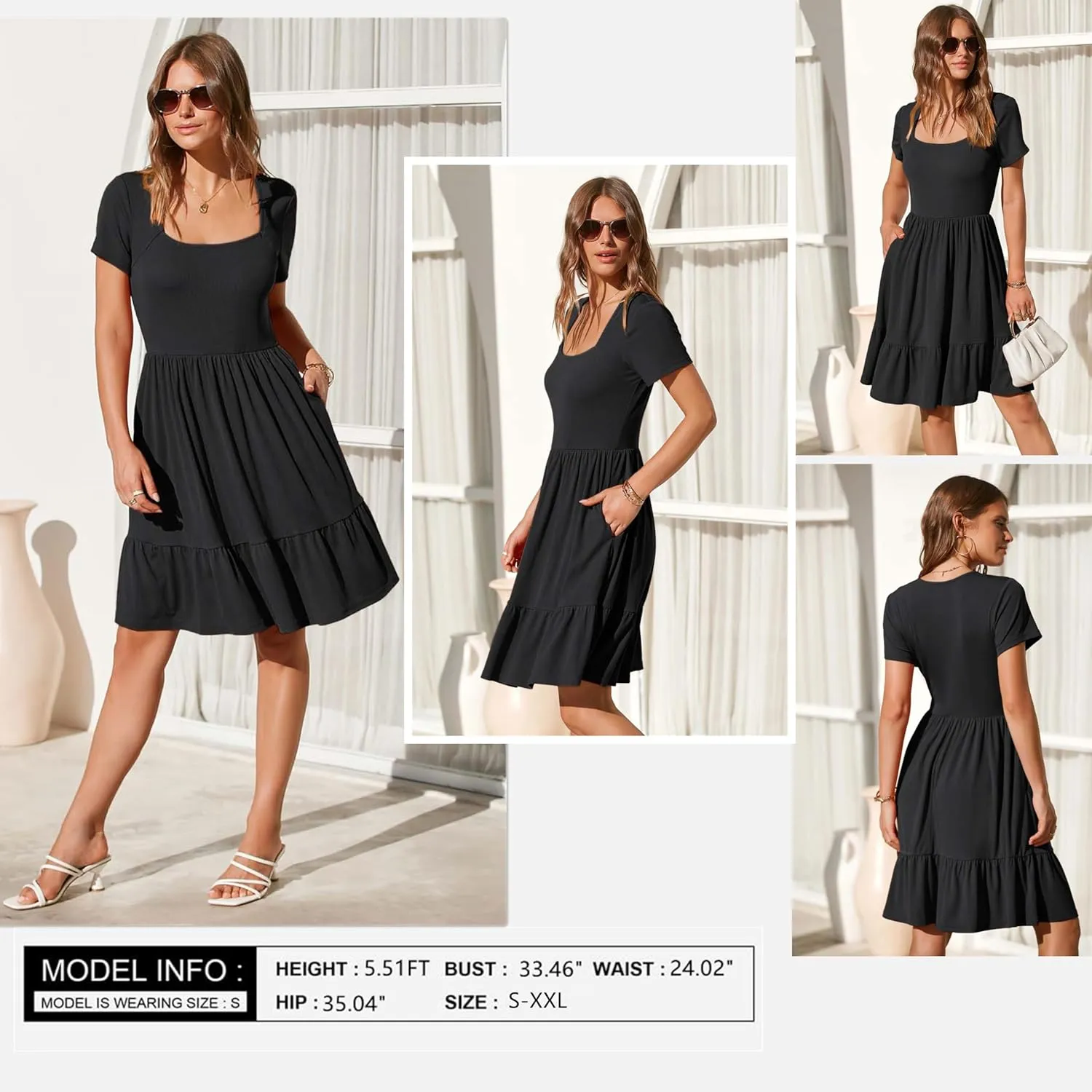 Newshows Women 2025 Summer Dress Square Neck Formal Short Sleeve Business Casual Outfits Ruffle Spring Pockets Sundress