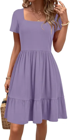 Newshows Women 2025 Summer Dress Square Neck Formal Short Sleeve Business Casual Outfits Ruffle Spring Pockets Sundress
