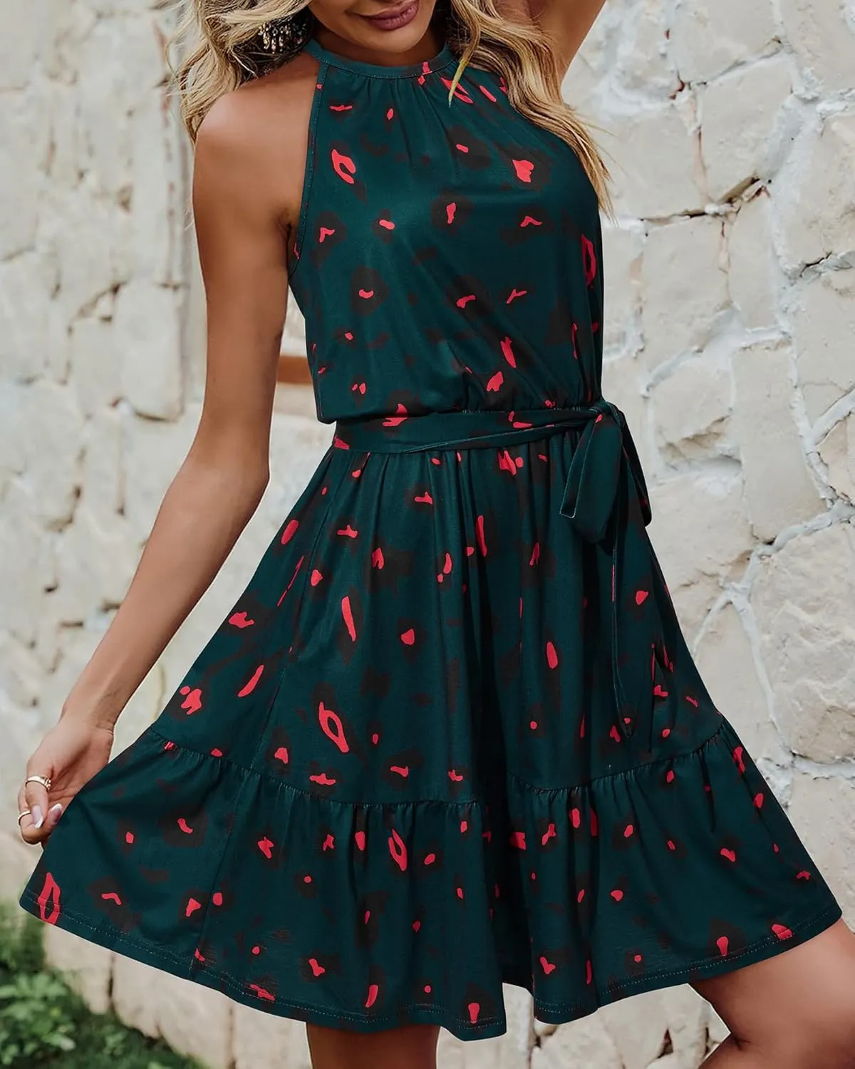 Newshows Womens 2025 Summer Dress Halter Wedding Guest Casual Beach Vacation Outfits Belted Sundresses with Pockets