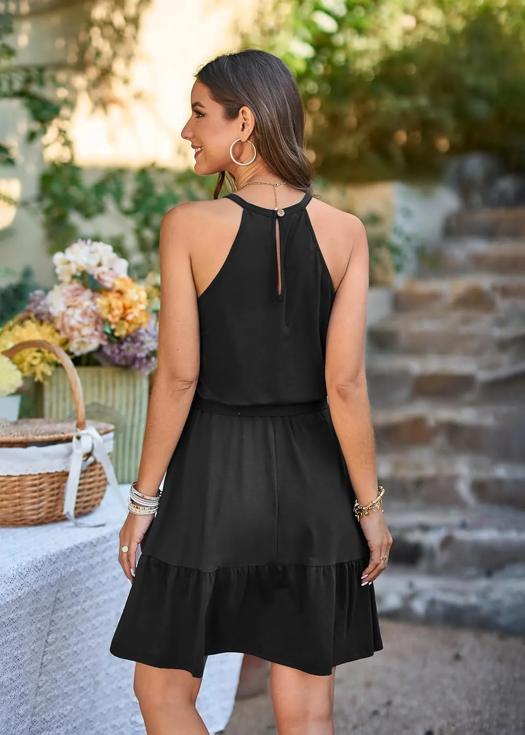Newshows Womens 2025 Summer Dress Halter Wedding Guest Casual Beach Vacation Outfits Belted Sundresses with Pockets