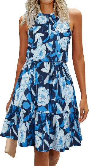 Newshows Womens 2025 Summer Dress Halter Wedding Guest Casual Beach Vacation Outfits Belted Sundresses with Pockets