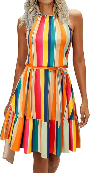 Newshows Womens 2025 Summer Dress Halter Wedding Guest Casual Beach Vacation Outfits Belted Sundresses with Pockets