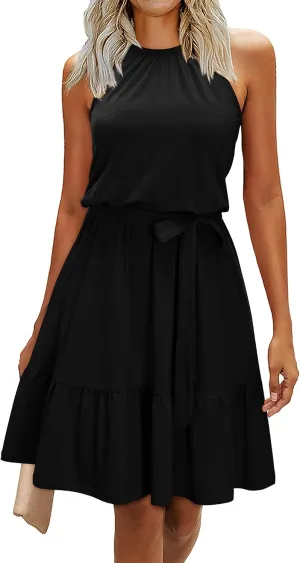 Newshows Womens 2025 Summer Dress Halter Wedding Guest Casual Beach Vacation Outfits Belted Sundresses with Pockets