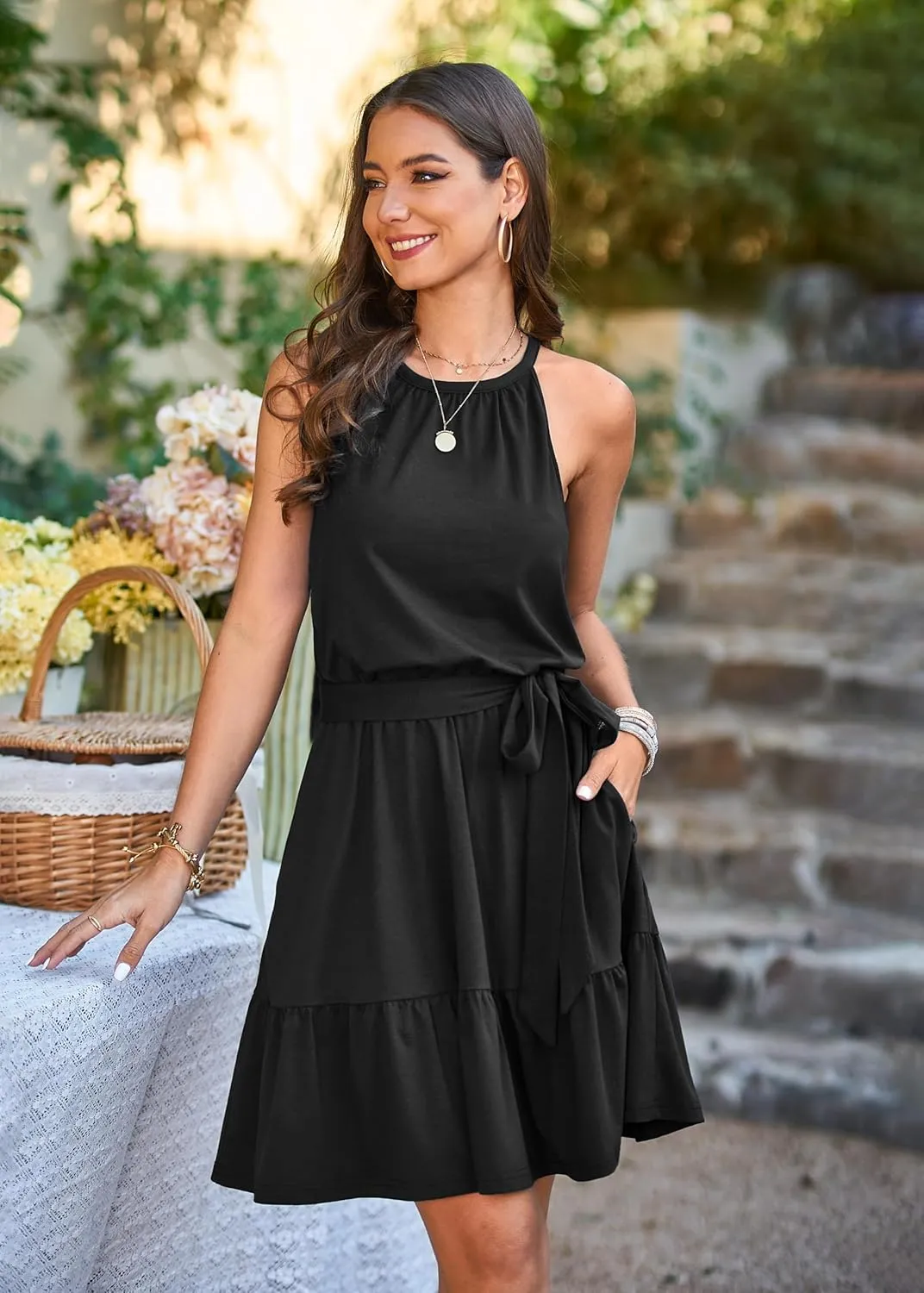 Newshows Womens 2025 Summer Dress Halter Wedding Guest Casual Beach Vacation Outfits Belted Sundresses with Pockets