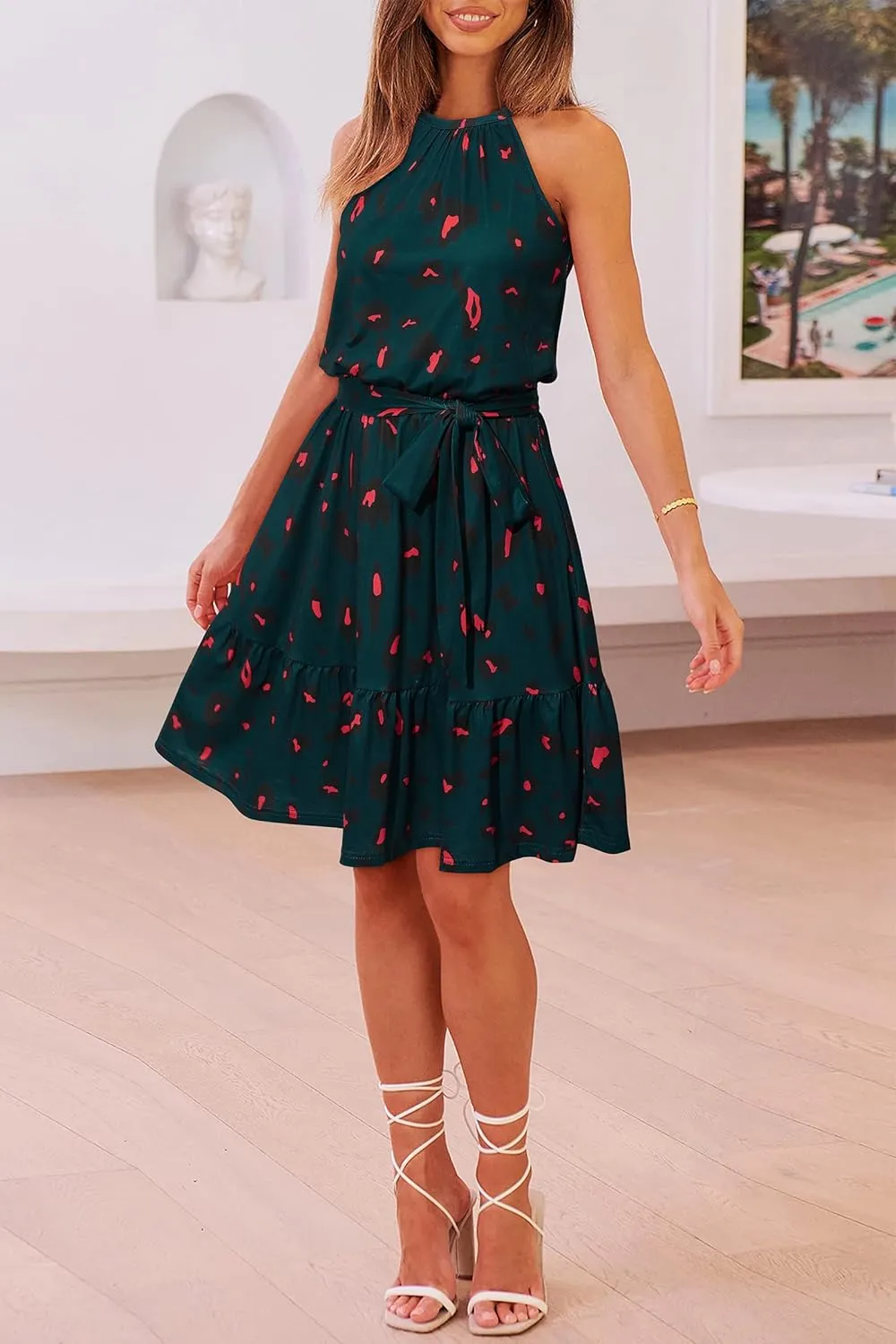 Newshows Womens 2025 Summer Dress Halter Wedding Guest Casual Beach Vacation Outfits Belted Sundresses with Pockets