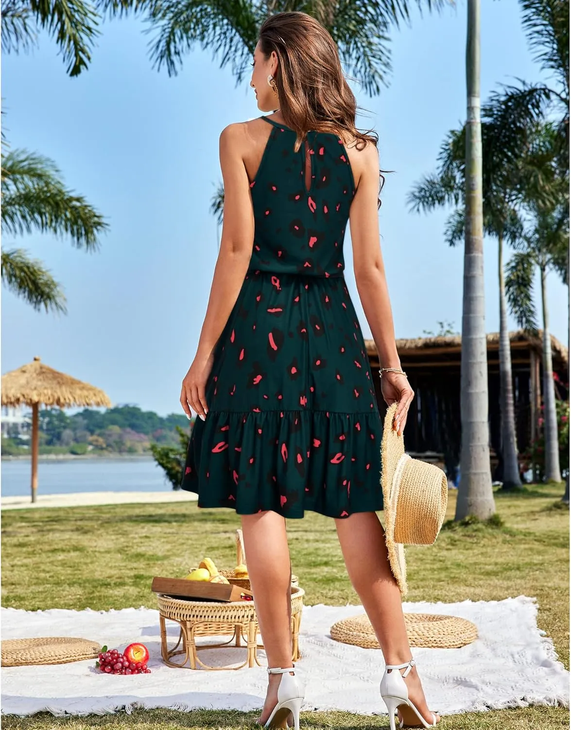 Newshows Womens 2025 Summer Dress Halter Wedding Guest Casual Beach Vacation Outfits Belted Sundresses with Pockets