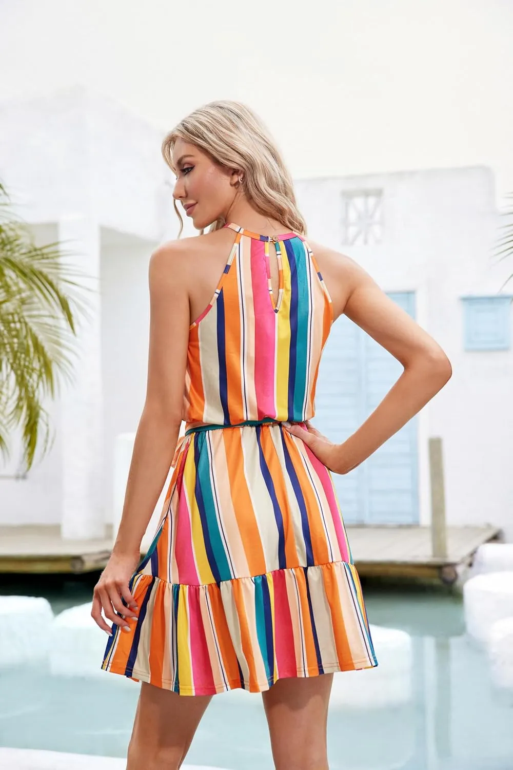 Newshows Womens 2025 Summer Dress Halter Wedding Guest Casual Beach Vacation Outfits Belted Sundresses with Pockets