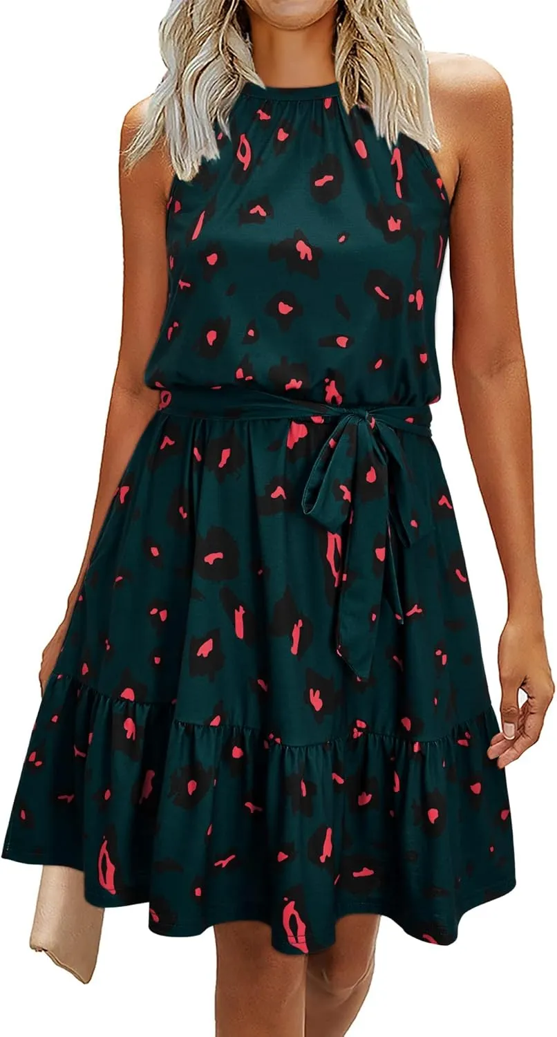 Newshows Womens 2025 Summer Dress Halter Wedding Guest Casual Beach Vacation Outfits Belted Sundresses with Pockets