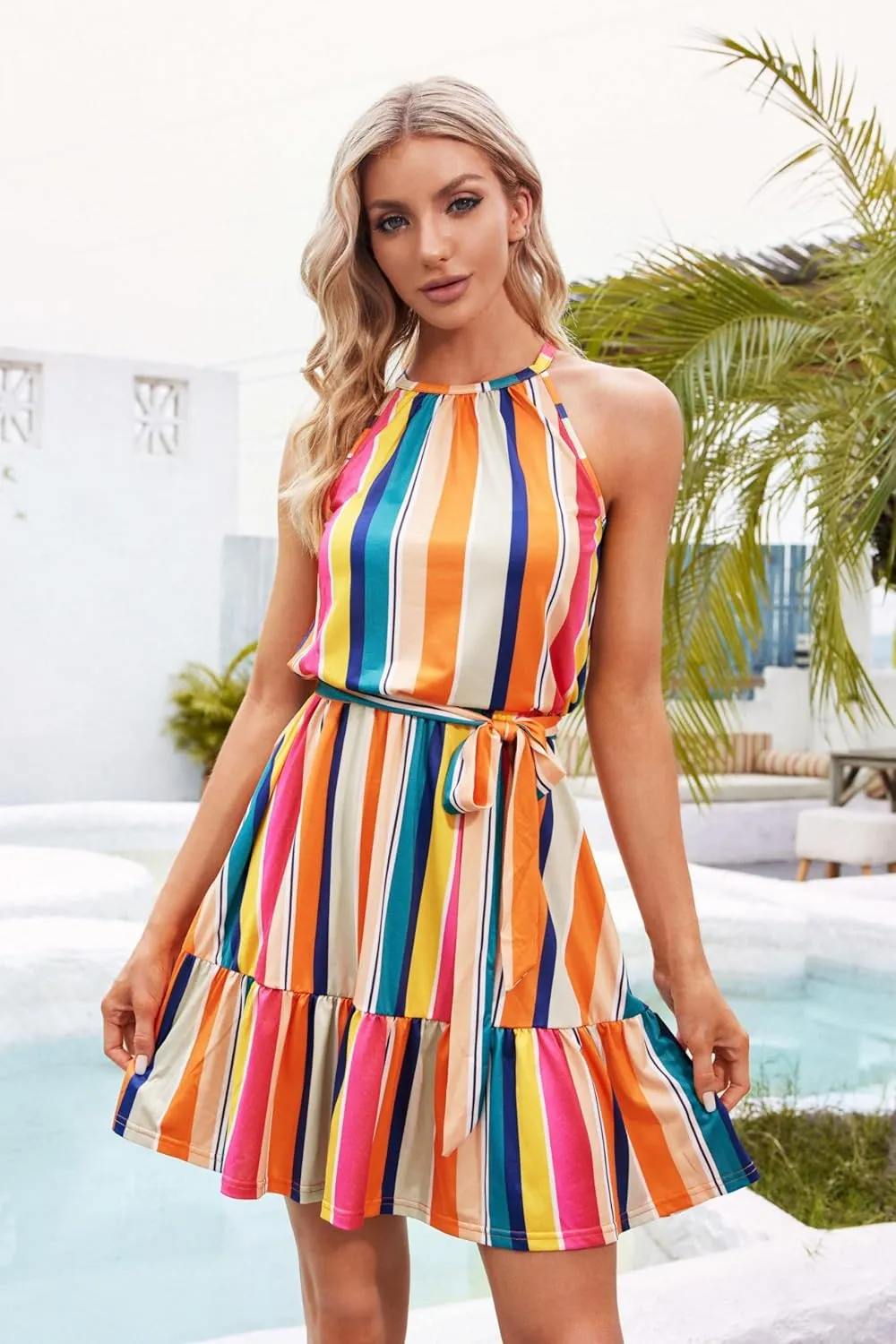Newshows Womens 2025 Summer Dress Halter Wedding Guest Casual Beach Vacation Outfits Belted Sundresses with Pockets