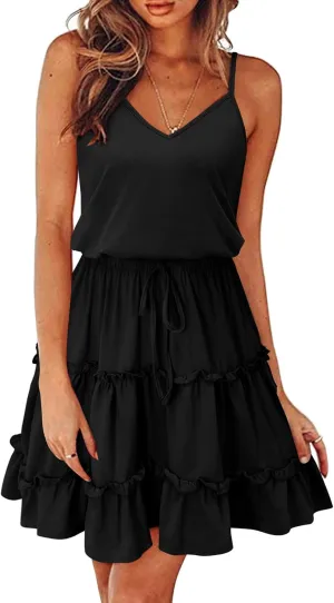 Newshows Women's 2025 Summer Dress Spaghetti Strap Casual Boho Beach Vacation Outfits Drawstring Ruffle Hem Sundress Trendy