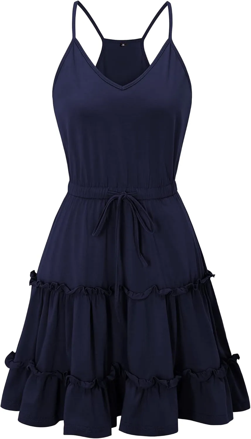 Newshows Women's 2025 Summer Dress Spaghetti Strap Casual Boho Beach Vacation Outfits Drawstring Ruffle Hem Sundress Trendy