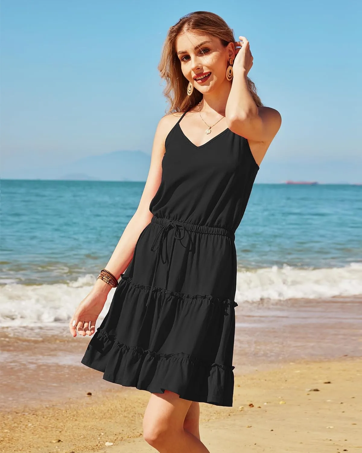 Newshows Women's 2025 Summer Dress Spaghetti Strap Casual Boho Beach Vacation Outfits Drawstring Ruffle Hem Sundress Trendy