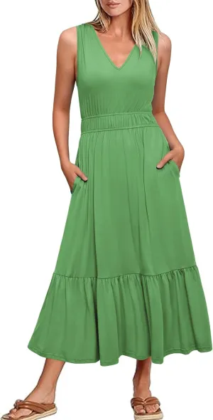 Newshows Women's 2025 Summer Dress Vacation V Neck Sleeveless Midi Dress Tiered Tank Swing Sundress with Pockets