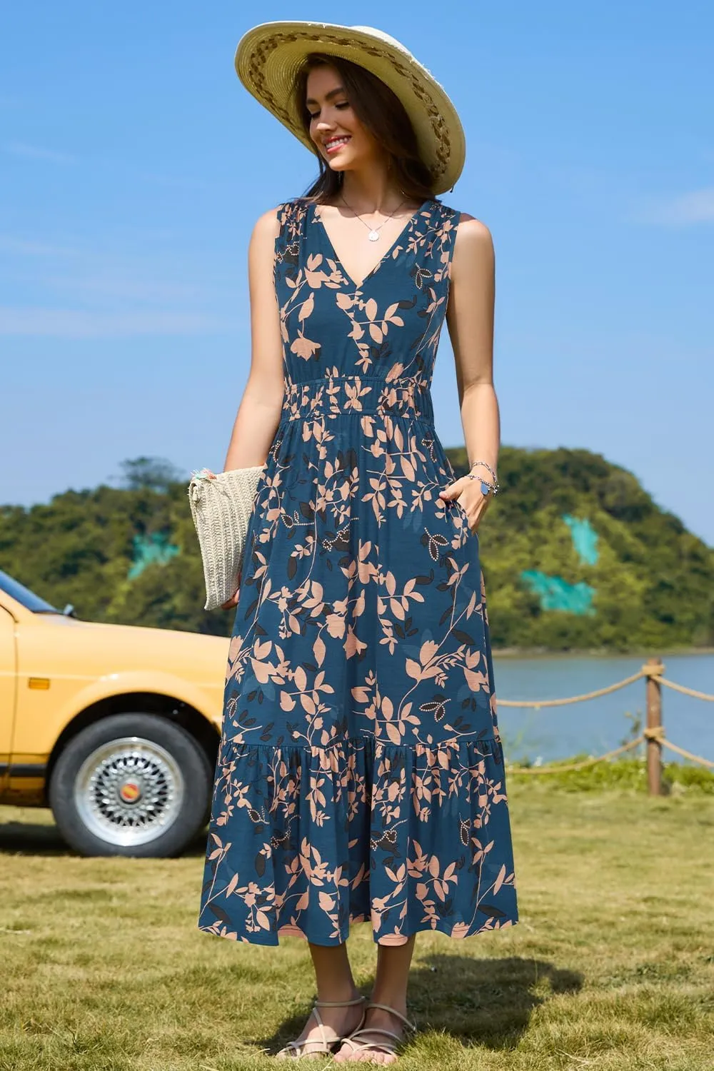 Newshows Women's 2025 Summer Dress Vacation V Neck Sleeveless Midi Dress Tiered Tank Swing Sundress with Pockets