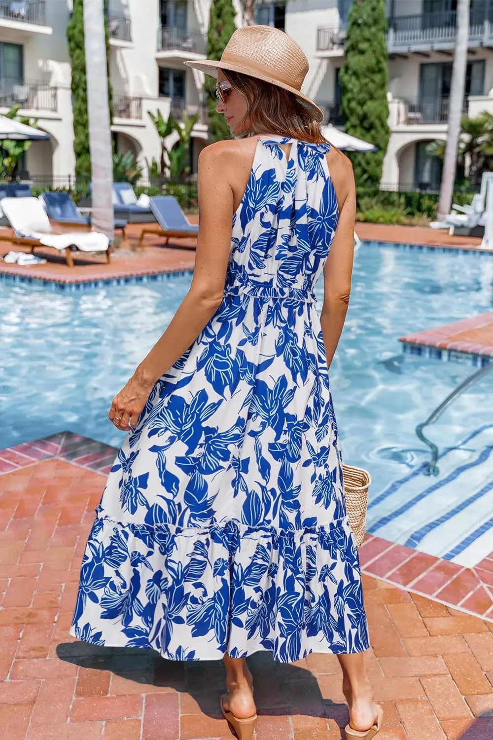 Newshows Womens 2025 Summer Vacation Outfits Halter Neck Floral Tiered Ruffled Flowy Casual Beach Boho Long Maxi Dress