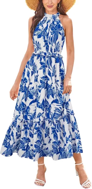 Newshows Womens 2025 Summer Vacation Outfits Halter Neck Floral Tiered Ruffled Flowy Casual Beach Boho Long Maxi Dress