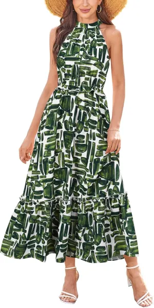 Newshows Womens 2025 Summer Vacation Outfits Halter Neck Floral Tiered Ruffled Flowy Casual Beach Boho Long Maxi Dress
