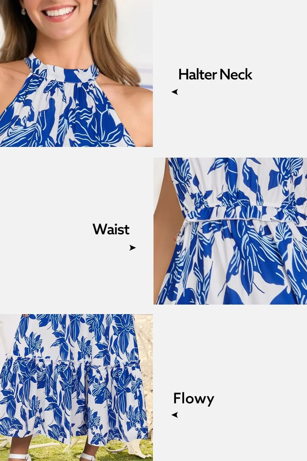 Newshows Womens 2025 Summer Vacation Outfits Halter Neck Floral Tiered Ruffled Flowy Casual Beach Boho Long Maxi Dress