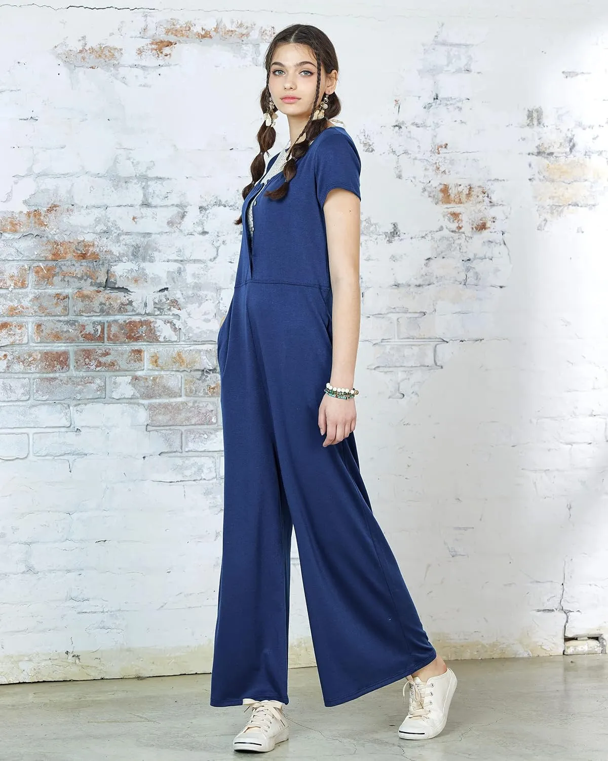 noflik Casual Boho Short Sleeve Wide Leg Jumpsuits for Women with Pockets