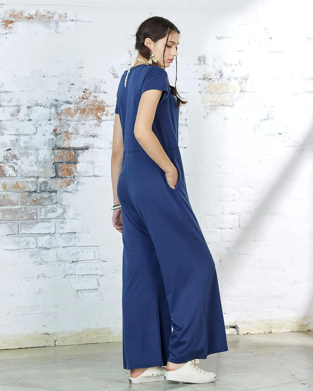noflik Casual Boho Short Sleeve Wide Leg Jumpsuits for Women with Pockets