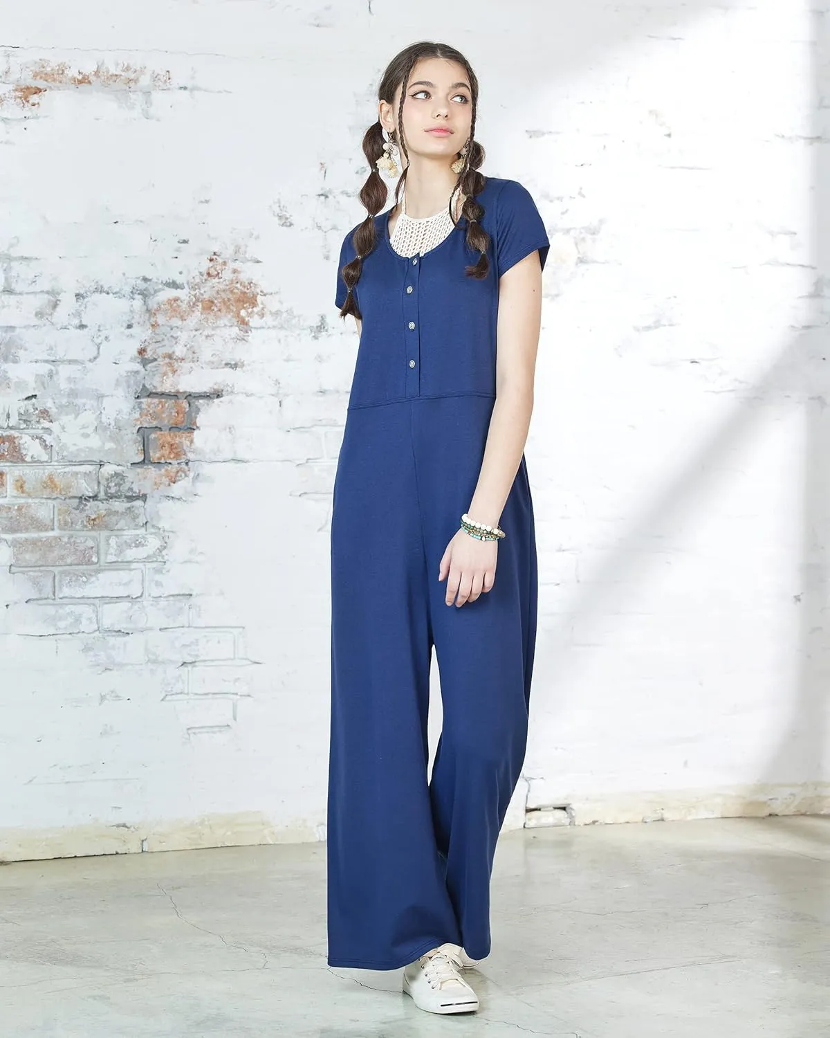 noflik Casual Boho Short Sleeve Wide Leg Jumpsuits for Women with Pockets
