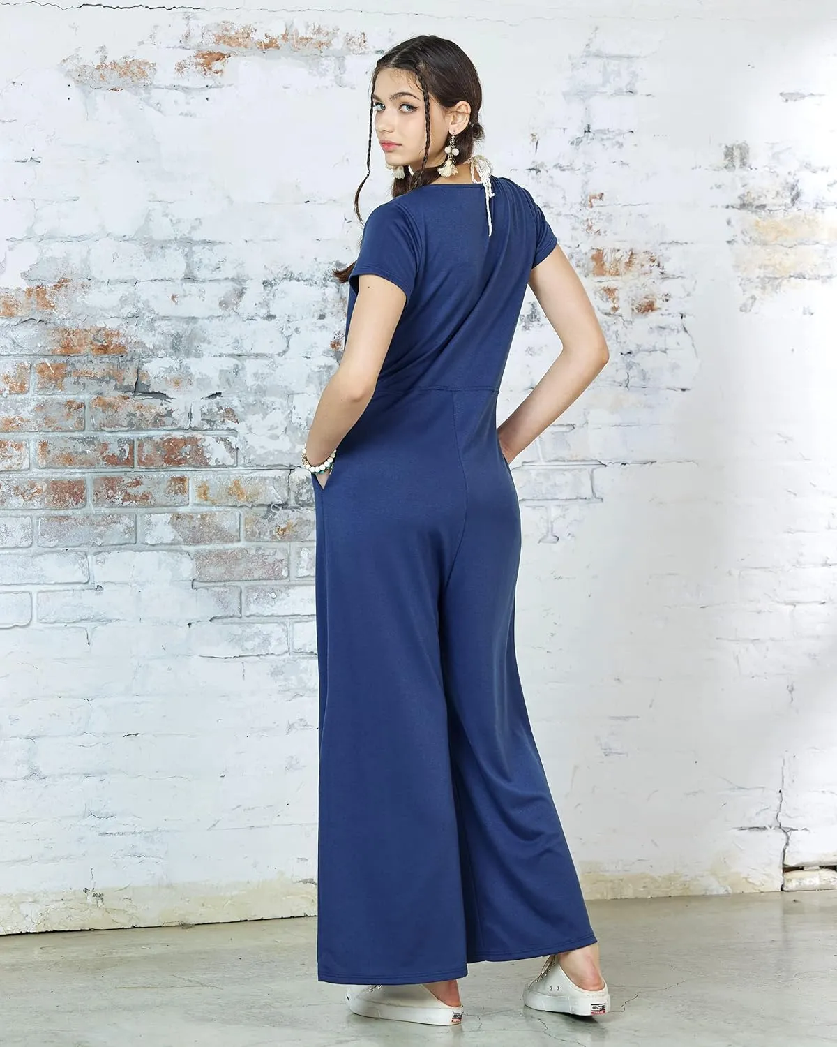 noflik Casual Boho Short Sleeve Wide Leg Jumpsuits for Women with Pockets