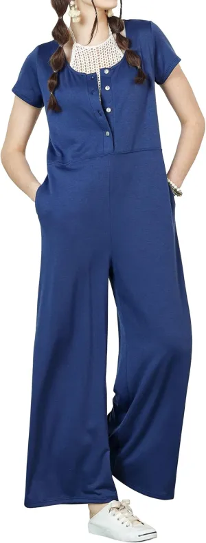 noflik Casual Boho Short Sleeve Wide Leg Jumpsuits for Women with Pockets