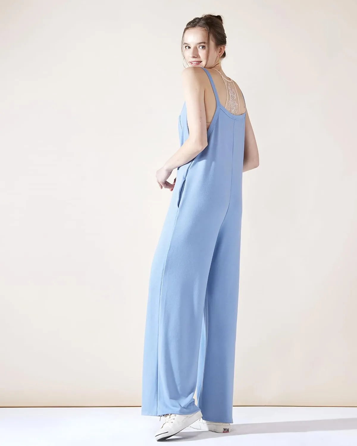 noflik Women's Boho French Terry Wide Leg Sleeveless Jumpsuits with Pockets Loose Fit