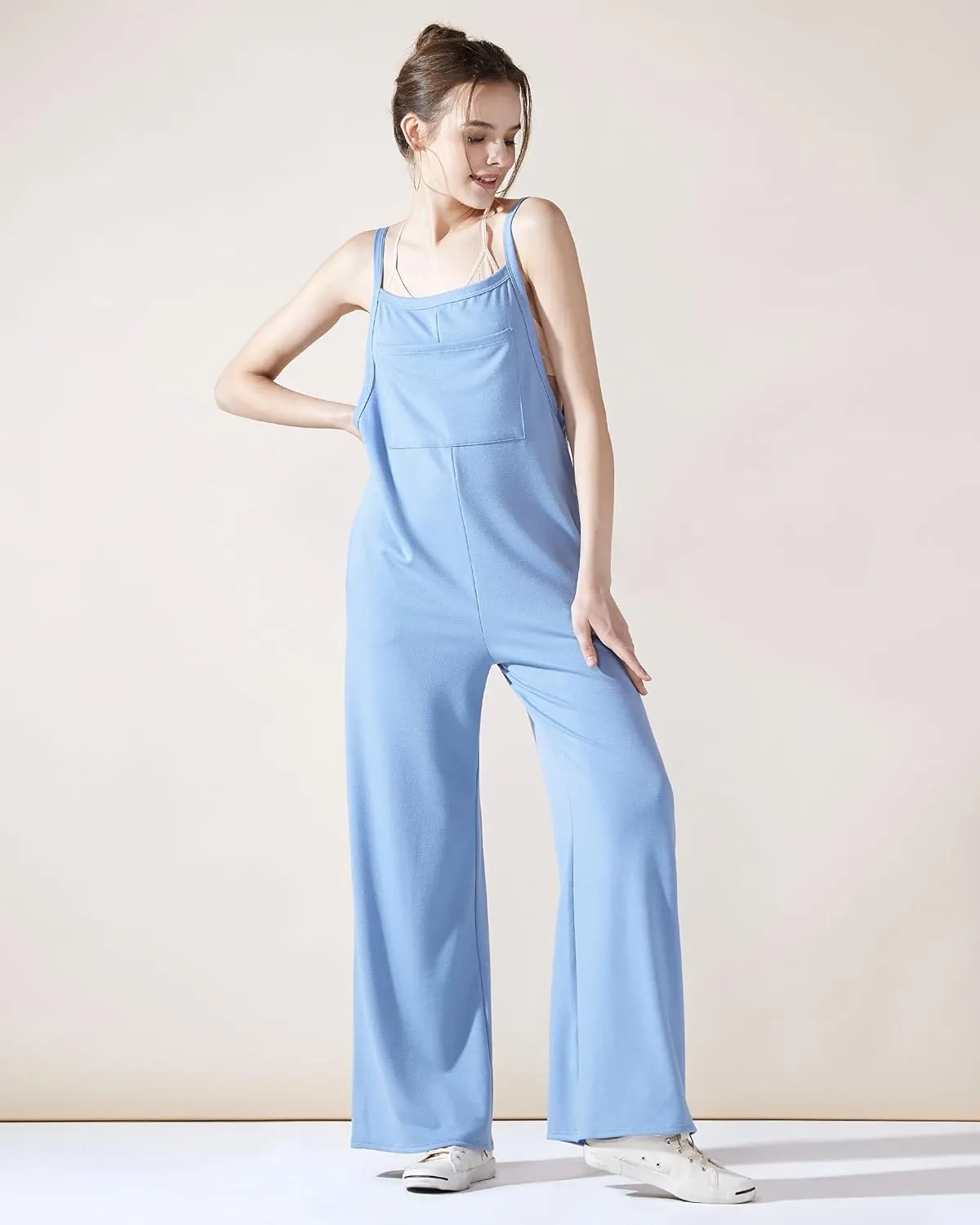 noflik Women's Boho French Terry Wide Leg Sleeveless Jumpsuits with Pockets Loose Fit