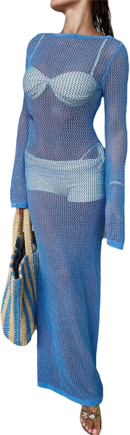 NUFIWI Women Crochet Swimsuit Cover Up Flare Sleeve Hollow Out Bathing Suit Maxi Dress Backless Bikini Long Beach Dress