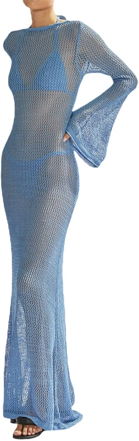 NUFIWI Women Crochet Swimsuit Cover Up Flare Sleeve Hollow Out Bathing Suit Maxi Dress Backless Bikini Long Beach Dress