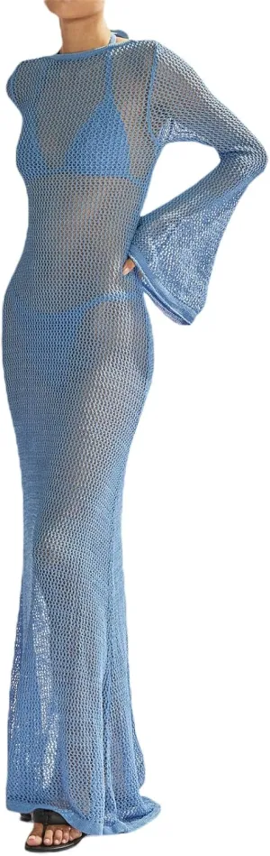 NUFIWI Women Crochet Swimsuit Cover Up Flare Sleeve Hollow Out Bathing Suit Maxi Dress Backless Bikini Long Beach Dress