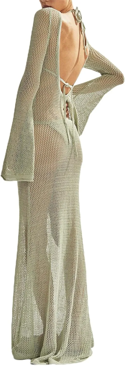 NUFIWI Women Crochet Swimsuit Cover Up Flare Sleeve Hollow Out Bathing Suit Maxi Dress Backless Bikini Long Beach Dress