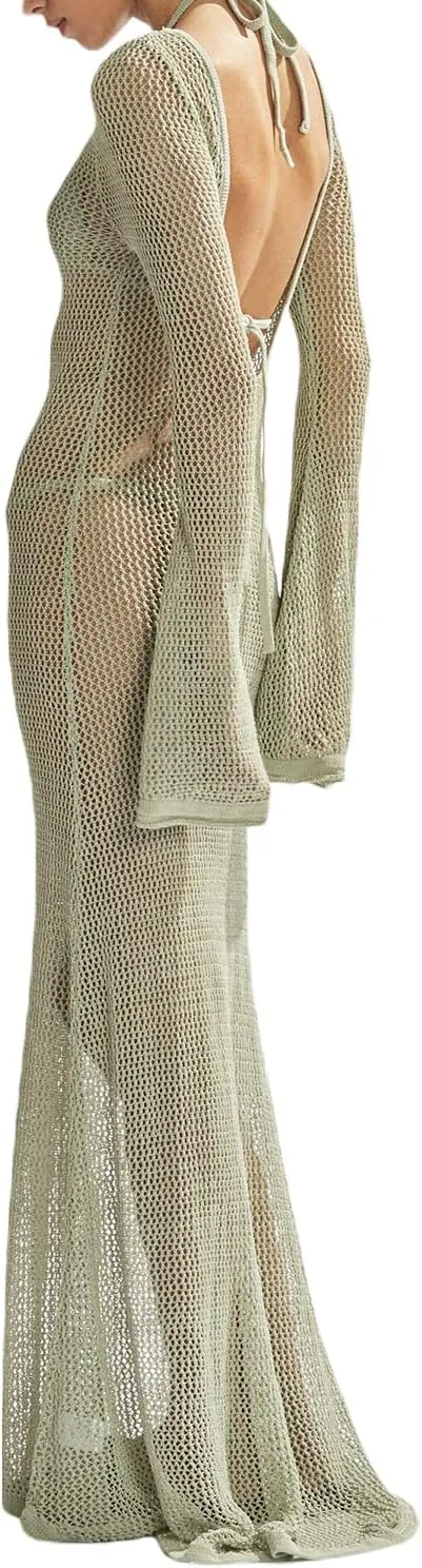 NUFIWI Women Crochet Swimsuit Cover Up Flare Sleeve Hollow Out Bathing Suit Maxi Dress Backless Bikini Long Beach Dress