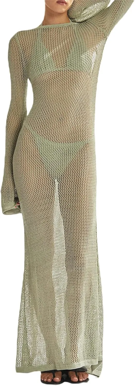 NUFIWI Women Crochet Swimsuit Cover Up Flare Sleeve Hollow Out Bathing Suit Maxi Dress Backless Bikini Long Beach Dress